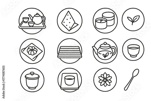 Tea Service Essentials. Line style round vector icons of Tea Presentation: Serving Tray, Arrangement Cloth, Lacquer Box, Tea