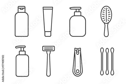 Hygiene Essentials Icons. Line style icons of Hygiene: Shampoo Bottle, Toothpaste, Hand Soap, Hairbrush, Lotion Pump, Razor, Nail