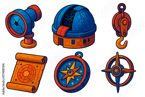 Abandoned Observatory Icons. Isometric vector illustration set Abandoned Observatory: Broken Lens, Dusty Dome, Cobwebs, Old Chart,