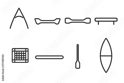Canoe Parts Icons. Line style icons of Canoe parts: bow, stern, yoke, thwart, seat, gunwale, keel, hull, No text, No labels,