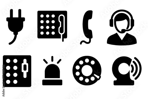Manual Call Routing Icons. Solid style icons of Manual Call Routing: Plug, Switchboard, Cord, Headset, Operator, Panel, Signal