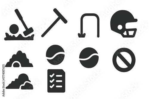 Extreme Croquet Icons. Solid style icons of Unusual Sports: Extreme Croquet, Mallet, Wicket, Rough Ground, Ball, Helmet, Obstacle,