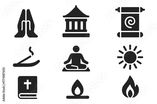Spiritual Icons Collection. Solid style icons of Spiritual Strength: prayer hands, temple, mantra scroll, incense stick,