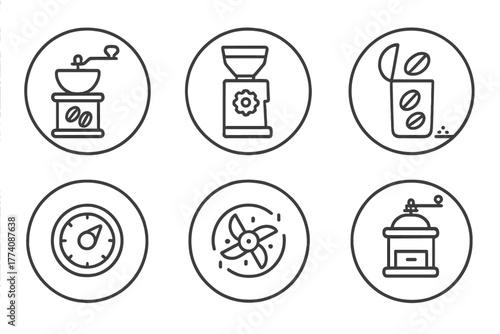 Coffee Grinder Icons. Line style icons of coffee grinders in round shape: hand grinder, burr grinder, blade grinder, vintage