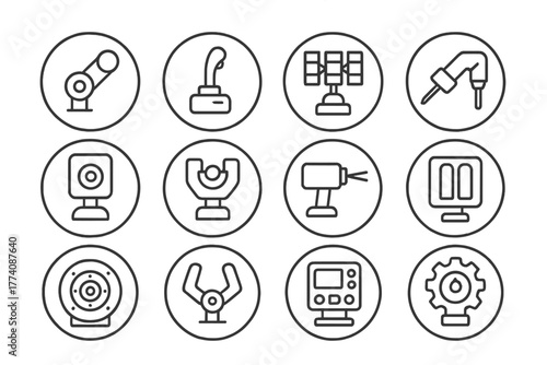 Space Station Robotic Tools. Line style round vector icons of Space Station Robotics: Robotic Arm Joint, Control Handle, Sensor