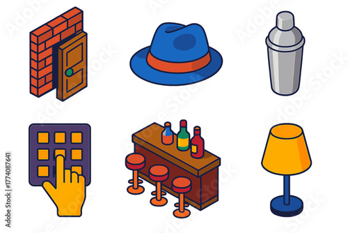Speakeasy Icon Set. Isometric vector illustration set Speakeasy: Hidden Door, Fedora, Cocktail Shaker, Secret Password, Bar