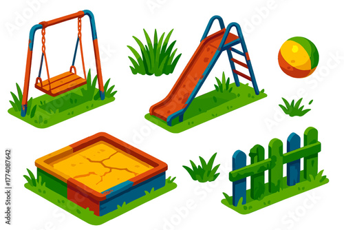 Forgotten Playground Icons. Isometric vector illustration set Forgotten Playground: Rusty Swing, Tilted Slide, Overgrown Grass,