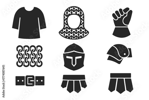 Historical Armor Icons. Solid style icons of Historical Armor: Knight’s Hauberk, Chain Coif, Gauntlet, Riveted Mail, Battle Helm,