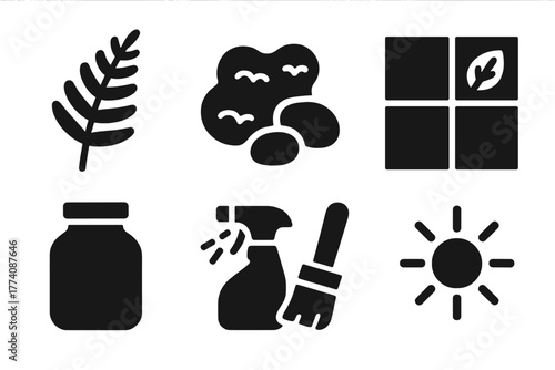 Biophilic Design Icons. Solid style icons of Biophilic Design: Fern, Moss Patch, Pebbles, Wall Panel, Jar, Watering Spray, Brush,