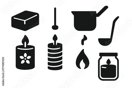 Candle Making Icons. Solid style icons of candle making: wax block, wick, melting pot, scented candle, mold, ladle, flame, glass