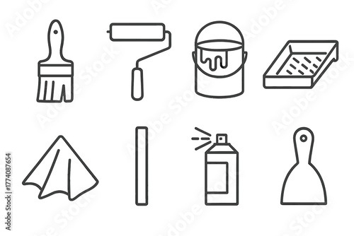 Paint Supplies Icons. Line style icons of Paint supplies: paintbrush, roller, paint can, tray, drop cloth, stir stick, spray paint