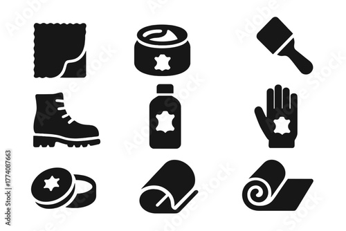 Leather Care Essentials. Solid style icons of Leather Care: Polishing Rag, Cream Jar, Applicator Brush, Leather Boot, Conditioner