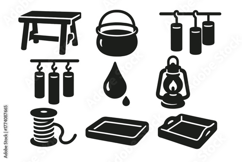 Rustic Candle Workshop Icons. Solid style icons of Rustic Candle Workshop: Wooden Bench, Iron Pot, Hanging Rod, Cooling Candles,