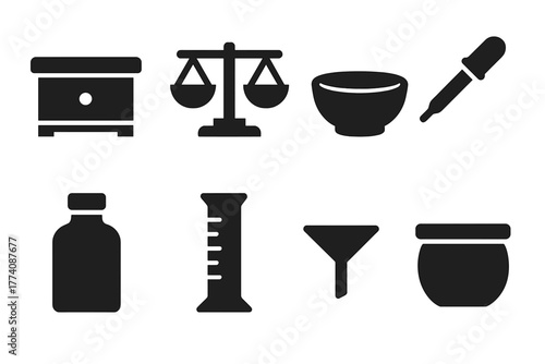Chemist's Counter Icons. Solid style icons of Chemist’s Counter: Labeled Drawer, Brass Scale, Mixing Bowl, Pipette, Brown Glass