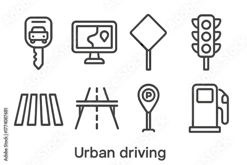 Urban Driving Icons. Line style icons of Urban Driving: Car Key, GPS, Road Sign, Traffic Light, Crosswalk, Highway, Parking Meter,