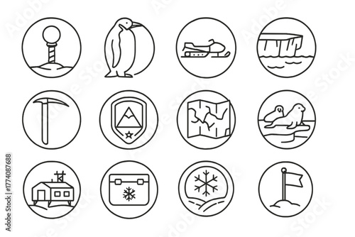 Antarctic Icon Set. Line style round vector icons of Antarctic Exploration: South Pole Marker, Emperor Penguin, Snowmobile, Ice
