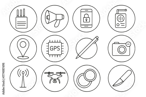 Spy Gadget Icons. Line style icons of spy gadgets in round shape: signal jammer, laser mic, encrypted phone, bug detector;