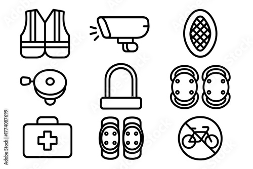 Cycling Safety Icons. Line style icons of Cycling safety: reflective vest, bike light, rear reflector, bell, lock, knee pads,