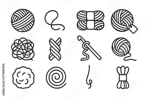 Yarn Icon Set. Line style icons of yarn in round shape: wound yarn ball, loose yarn end, stacked yarn, yarn with tag; tangled yarn