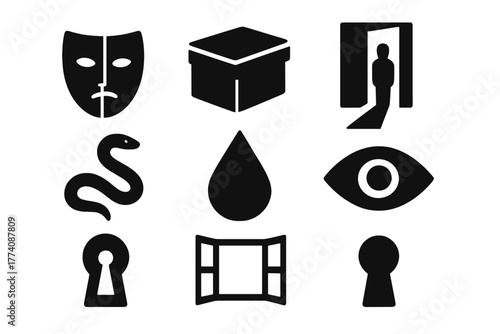 Subconscious Symbols Icons. Solid style icons of Subconscious Symbols: Masked Face, Hidden Box, Shadow Door, Snake, Water Drop,