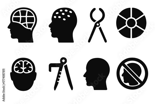 Phrenology Icon Set. Solid style icons of Phrenology: Head, Bump Map, Calipers, Personality Chart, Diagram, Brain Sections,