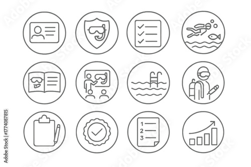 Dive Certification Icons. Line style round vector icons of Dive Certification: Certification Card, Dive Instructor Badge, Skill