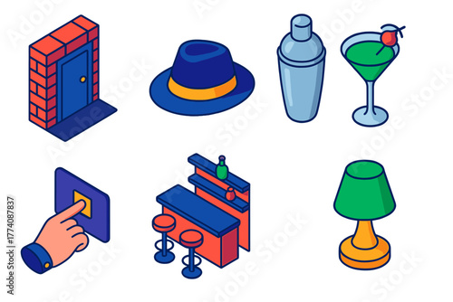 Speakeasy Icon Set. Isometric vector illustration set Speakeasy: Hidden Door, Fedora, Cocktail Shaker, Secret Password, Bar