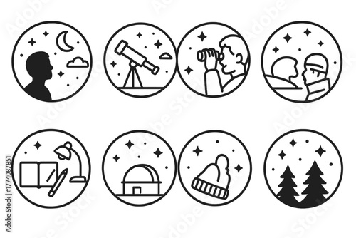 Stargazing Icon Scene. Line style icons of night observation in round shape: stargazer silhouette, starry sky, crescent moon,