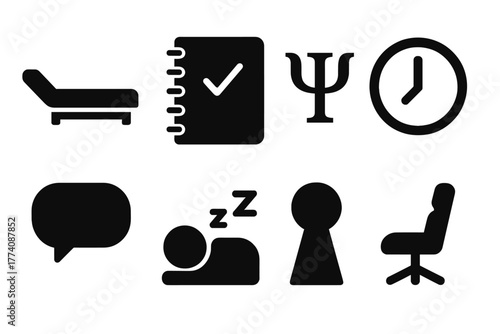Psychoanalysis Icons Set. Solid style icons of Psychoanalysis of Dreams: Couch, Notebook, Freudian Symbol, Clock, Speech Bubble,