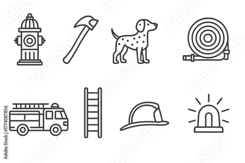 Fire Department Icons. Line style icons of Fire Department basics: fire hydrant, fire axe, dalmatian, fire hose, fire truck,