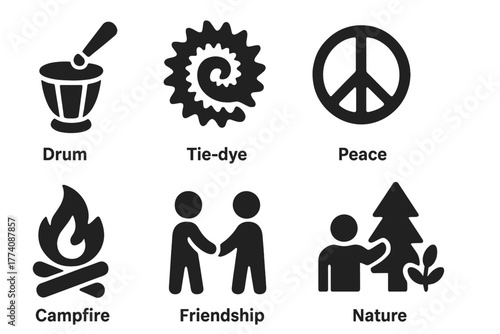 Rainbow Gathering Icons. Solid style icons of Rainbow Gathering: Drum Circle, Tie-Dye, Community, Peace, Campfire, Tent,