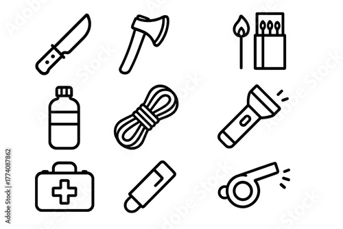 Outdoor Survival Essentials. Line style icons of Outdoor survival: knife, axe, matches, water bottle, rope, flashlight, first aid