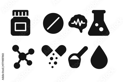 Smart Drugs Icons. Solid style icons of Smart Drugs: Medicine Bottle, Tablet, Brain Waves, Lab Flask, Chemical Bonds, Capsule