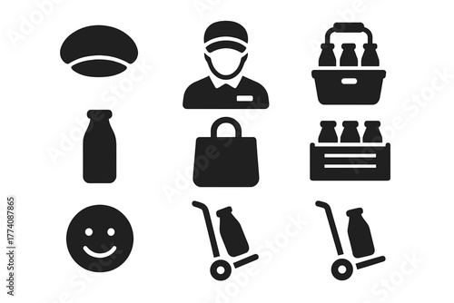 Milkman Essentials Icons. Solid style icons of Milkman Essentials: Cap, Uniform, Carrier, Bottle, Bag, Crate, Smile, Handcart, No