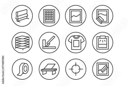 Screen Printing Essentials. Line style round vector icons of Screen Printing: Squeegee Tool, Mesh Screen, Ink Spread, Drying Rack;