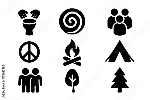 Rainbow Gathering Icons. Solid style icons of Rainbow Gathering: Drum Circle, Tie-Dye, Community, Peace, Campfire, Tent,