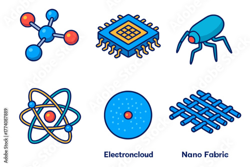Nanotech Isometric Icons. Isometric vector illustration set Nanotechnology: Molecular Model, Microchip, Nanobot, Atomic Structure,