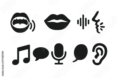Vocal Expression Icons. Solid style icons of Vocal Expression: Singing Mouth, Open Lips, Sound Wave, Breath, Music Note, Speech