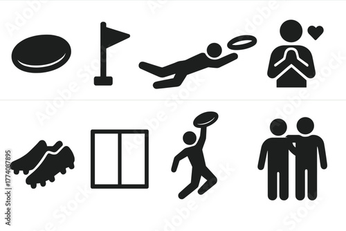 Ultimate Frisbee Icons. Solid style icons of Ultimate Frisbee: Disc, End Zone, Layout Catch, Spirit of the Game, Cleats, Field