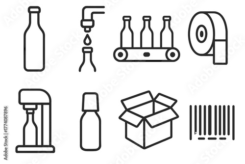 Bottling Process Icons. Line style icons of Bottling process: empty bottle, filling nozzle, conveyor belt, label roll, sealing