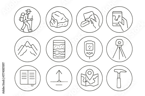Geological Field Study Icons. Line style icons of geological field study in round shape: hiking geologist, rock sketch, sample