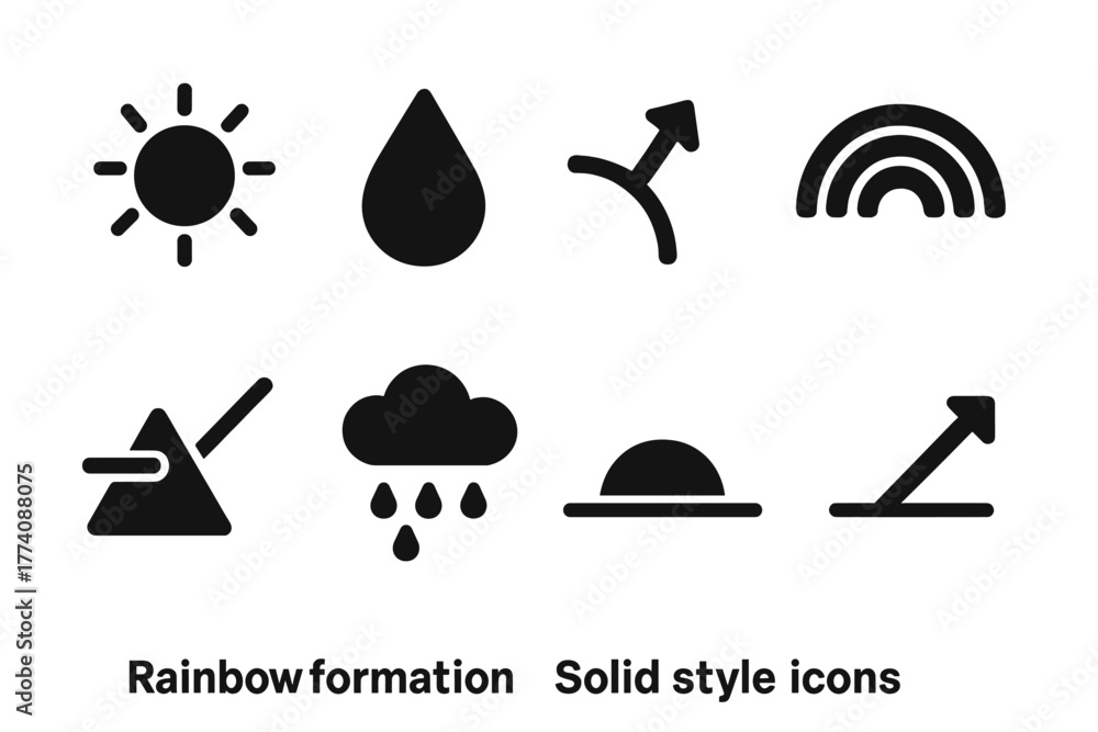 Fototapeta premium Rainbow Icon Set. Solid style icons of Rainbow Formation: Sunlight, Water Droplet, Refraction Arc, Color Bands, Prism Glow, Rain