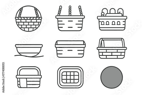 Basket Icons Collection. Line style icons of baskets in round shape: woven basket, basket with ropes, reinforced bottom,