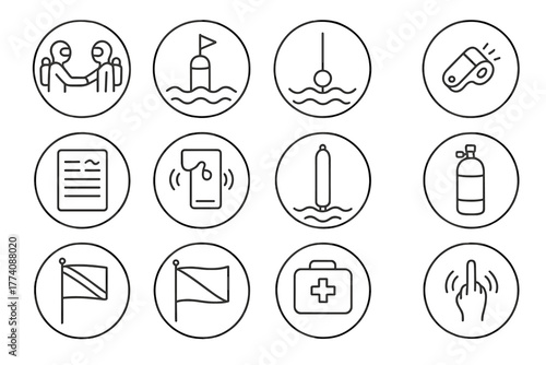Diving Safety Icons. Line style round vector icons of Safety in Diving: Buddy System, Surface Buoy, Ascent Line, Decompression