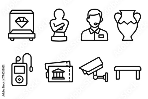Museum Icons Collection. Line style icons of Museum: Exhibit Case, Sculpture, Tour Guide, Artifact, Audio Guide, Visitor Ticket,