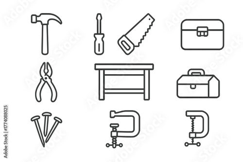 Workshop Tool Icons. Line style icons of Workshop: Hammer, Screwdriver, Saw, Pliers, Workbench, Toolbox, Nails, Clamp, No text, No