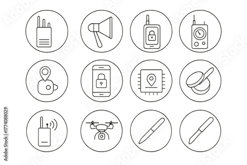 Spy Gadget Icons. Line style icons of spy gadgets in round shape: signal jammer, laser mic, encrypted phone, bug detector;