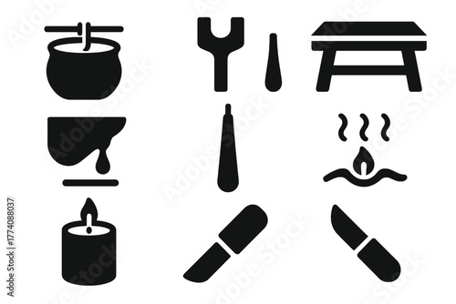 Artisan Candle Icons. Solid style icons of Artisan Candle Craft: Clay Pot, Wick Holder, Wooden Bench, Wax Drip, Dipped Taper,