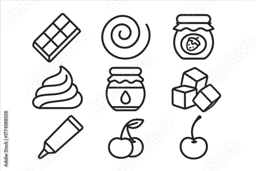 Sweet Toppings Icons. Line style icons of Sweet toppings: chocolate bar, caramel swirl, fruit jam, whipped cream, honey jar, sugar