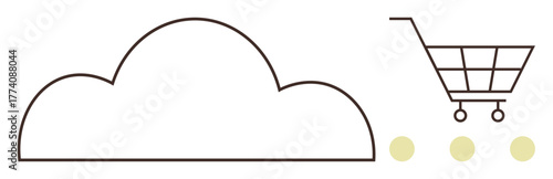 Outline of a cloud and shopping cart connected by three dots. Ideal for e-commerce, cloud computing, digital sales, technology, online services, integration, innovation. Simple flat metaphor